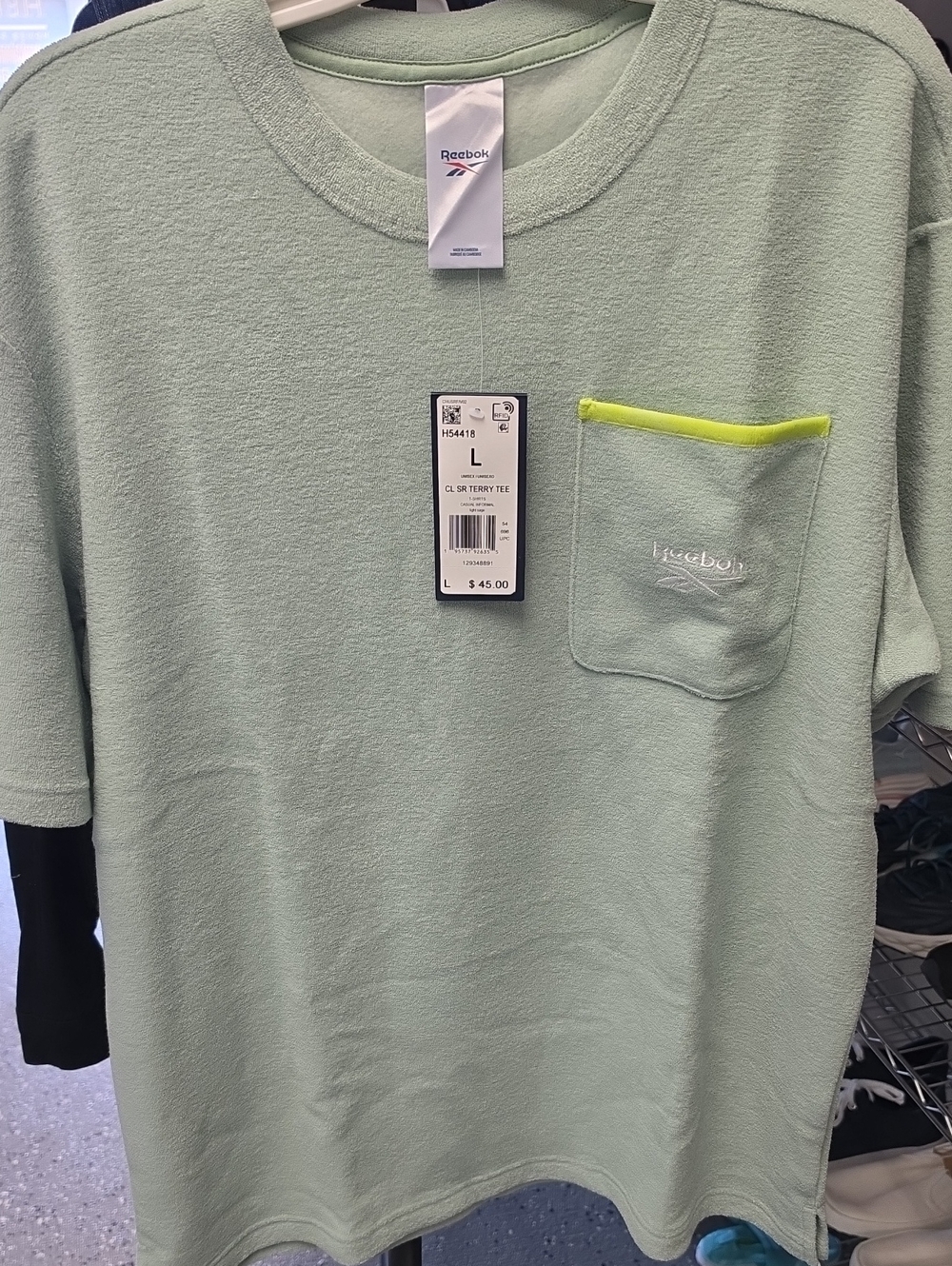 Reebok Men’s Mint Green Terry Pocket Tee with Neon Trim